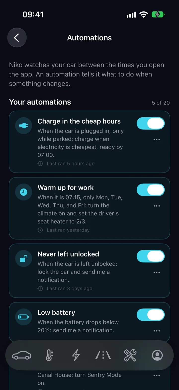 The Niko automations screen with rules grouped by what starts them.
