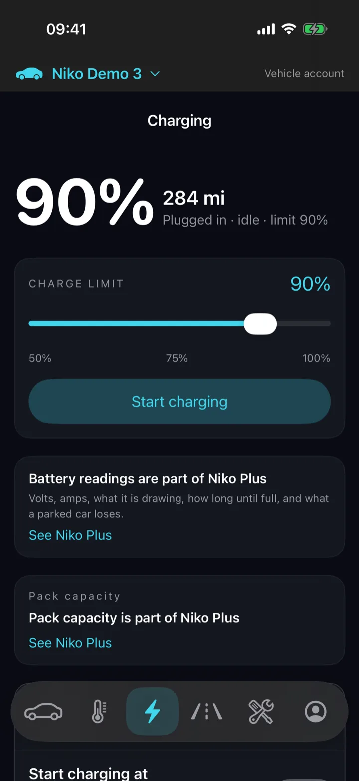 La schermata di ricarica di Niko con percentuale della batteria, autonomia, limite di carica e corrente di ricarica.
