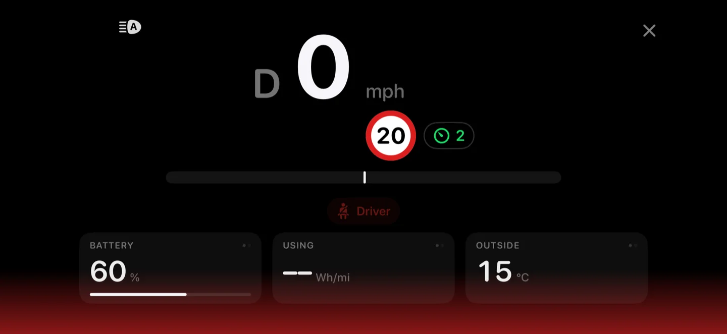 The same display stopped at a 20 limit, with cruise set to 2 and a red seatbelt warning for the driver.