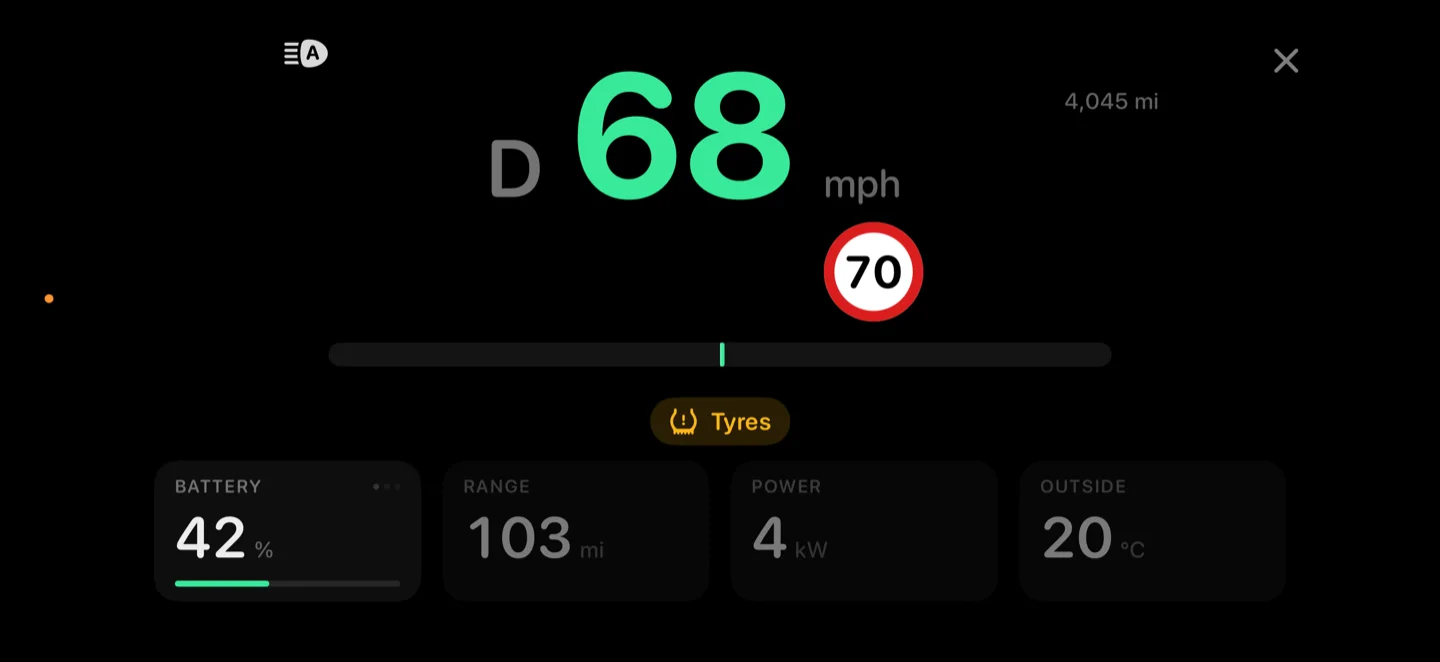 Niko's driving display on a phone in a cradle: 68 mph in Drive against a 70 limit, a tyre warning, and battery, range, power and outside temperature along the bottom.