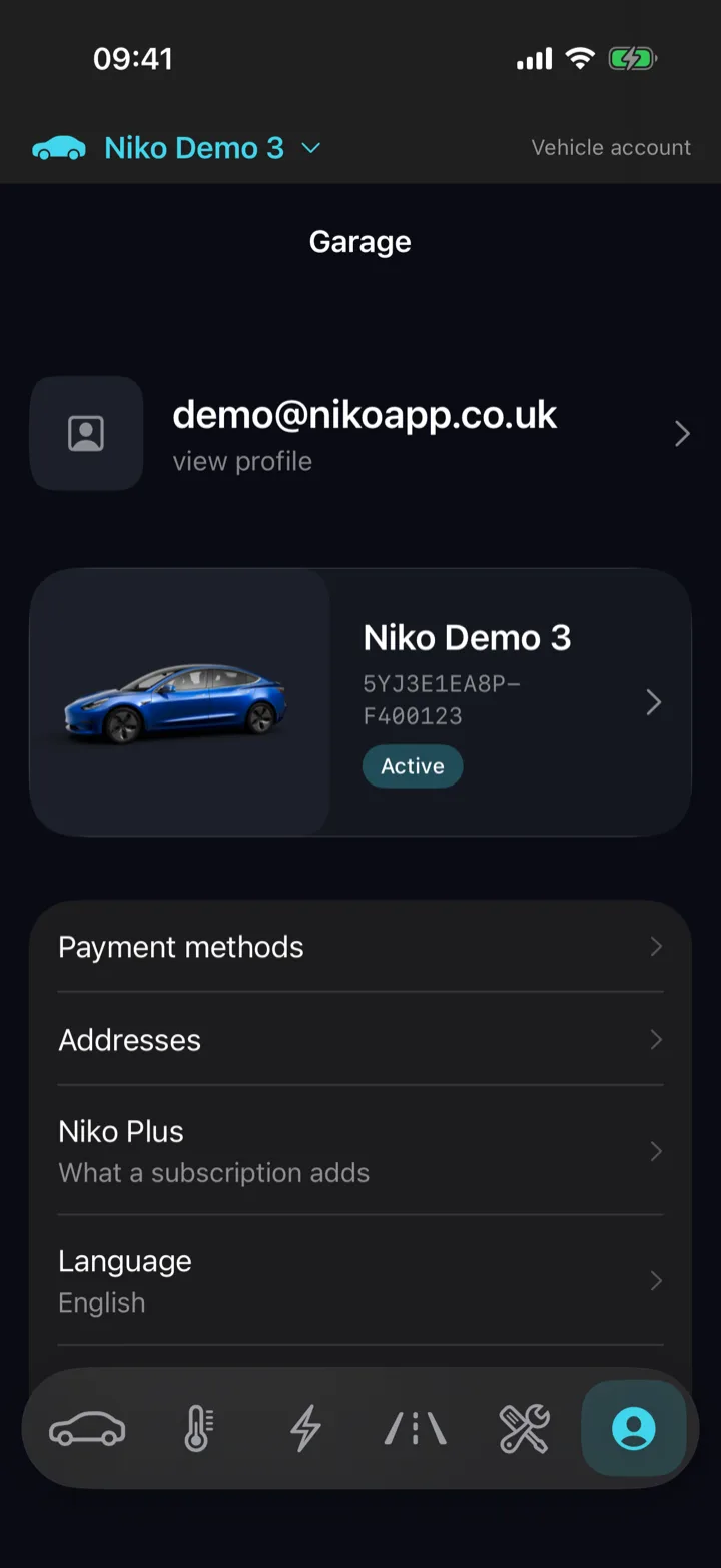 Il garage di Niko con la Tesla del proprietario, il suo nome e il VIN.
