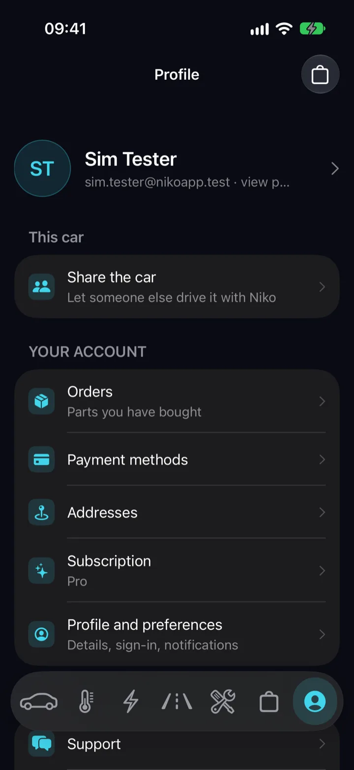 The Niko profile screen with sharing, payment methods, addresses and subscription.