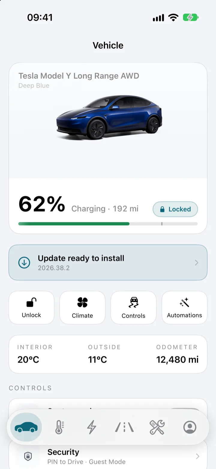 The Niko Vehicle screen in the light theme: the car, 62% charging, an update ready to install, and the Unlock, Climate, Controls and Automations buttons.