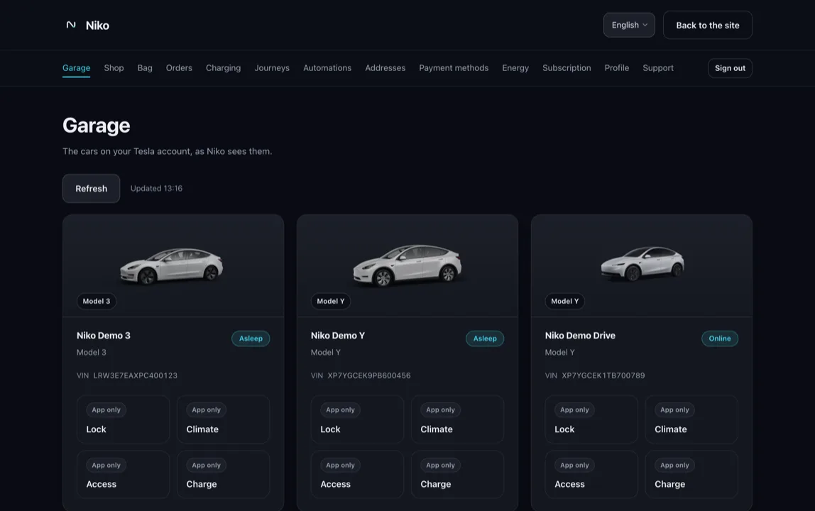The Niko website's garage: three Teslas, each with its model, VIN and whether it is asleep or online, and Lock, Climate, Access and Charge all marked App only.